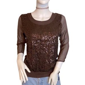 Sequined Brown 3 Quarter Length Shirt with Sheer Sleeves